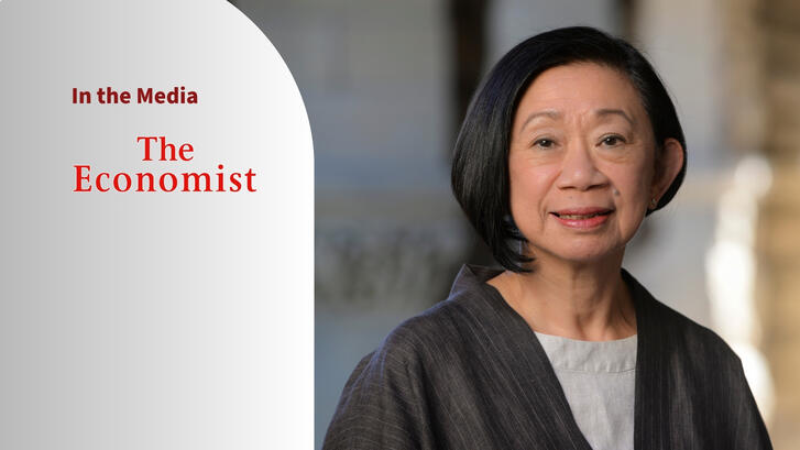 Portrait photo of Jean Oi and logo of The Economist with text "In the Media."