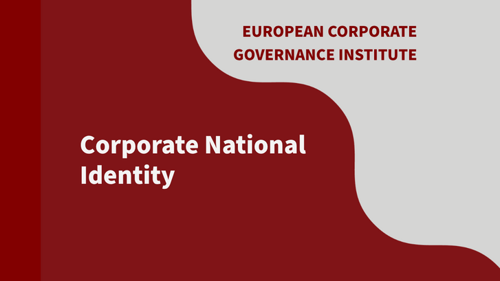 A wave-shape graphics in Stanford cardinal red with text "Corporate National identity," a title of a working paper by the European Corporate Governance Institute.