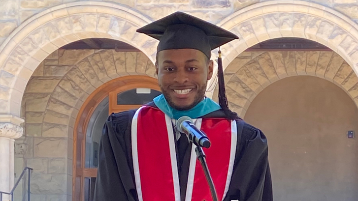Tyler Smith ('26) addressing the graduating class of 2026 of the Ford Dorsey Master's in International Studies (June 14, 2026).