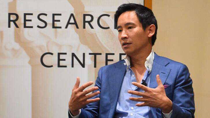 Pita Limjaroenrat speaks at a fireside chat hosted by APARC's Southeast Asia Program.