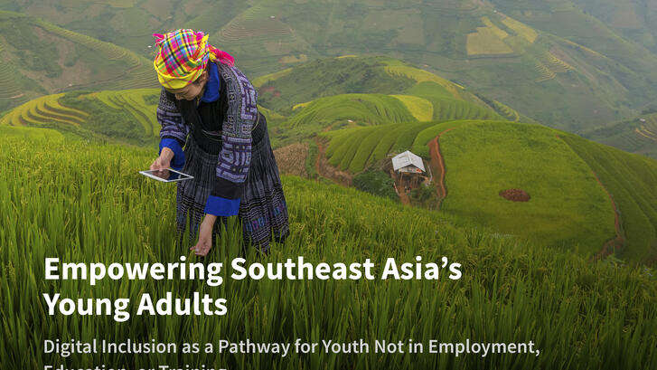 Cover of "Empowering Southeast Asia's Young Adults" working paper, depicting a woman in a terraced rice field using a digital device to inspect plants.