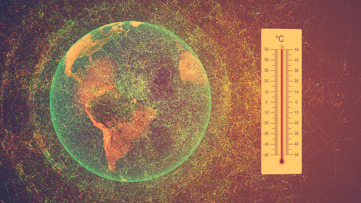 Illustration of a warming globe next to thermometer