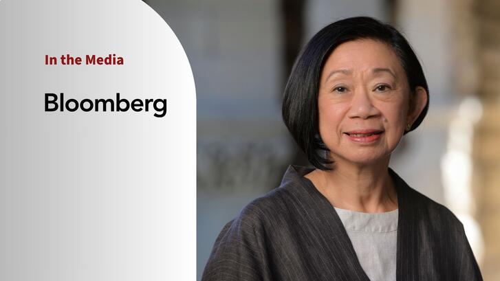 Portrait of Jean Oi and a logo of Bloomberg. Text: "In the Media."