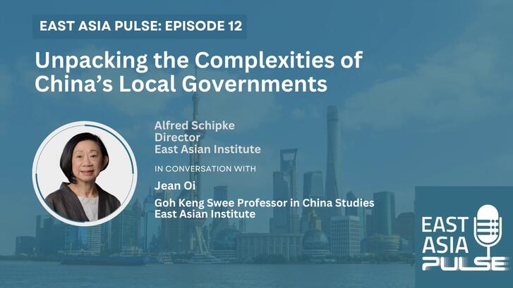 Portrait headshot of Jean Oi on a thumbnail of a podcast interview with her on the complixities of China's local governments.