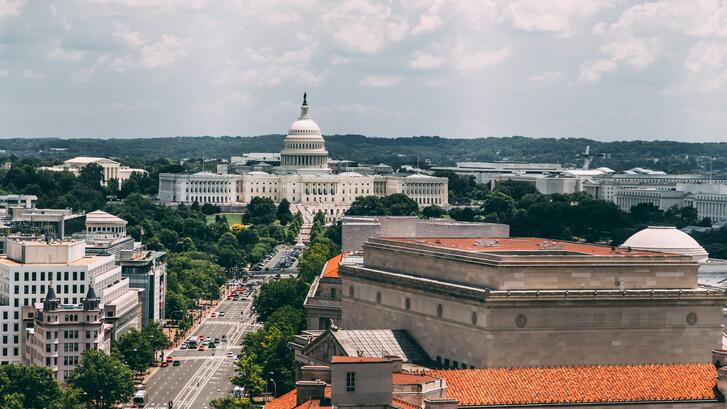 View of Pennsylvania Ave and the U.S. Capitol building from the Old Post Office tower in Washington, D.C.