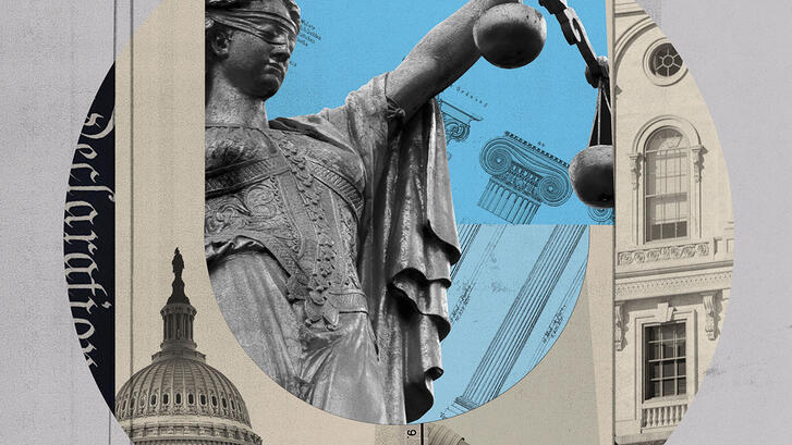 Collage illustration combining a blindfolded Lady Justice holding scales, the U.S. Capitol dome, a hand casting a ballot, classical column architecture, and government building facades.