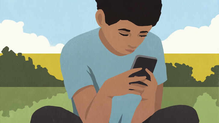 drawing of a child sitting outside looking at a phone