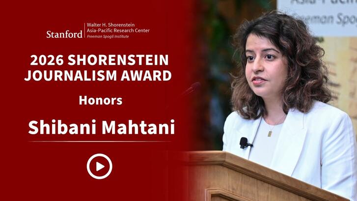 Shibani Mahtani delivers remarks from a lectern.