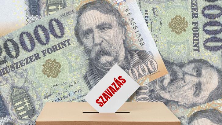 Hungarian forint with ballot box in foreground
