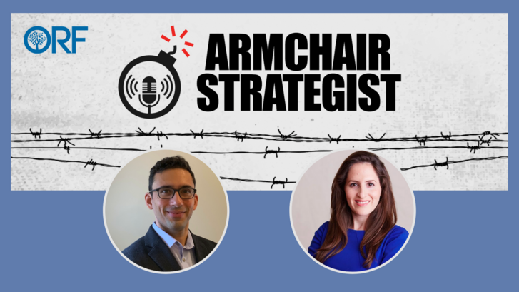 Logo of the Observer Research Foundation's 'Armchair Strategist' podcast with portraits of Oriana Skylar Mastro and Arzan Tarapore