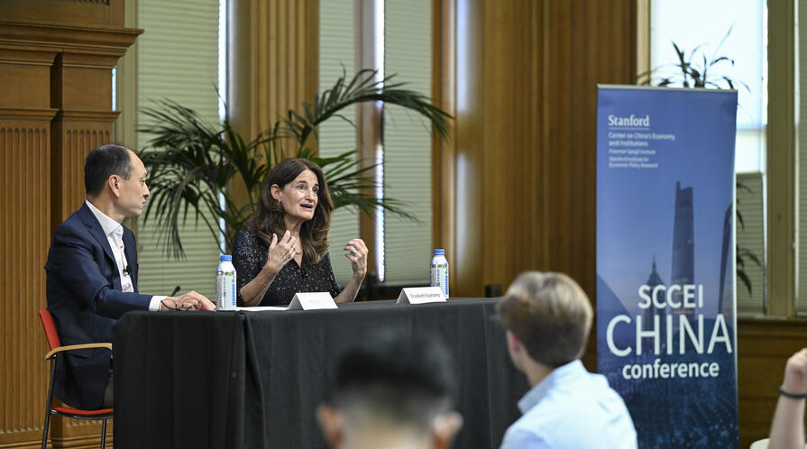 Elizabeth Economy speaks during a Fireside Chat with Hongbin Li.