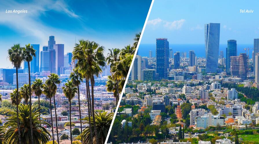 Side-by-side of Los Angeles and Tel Aviv skylines.