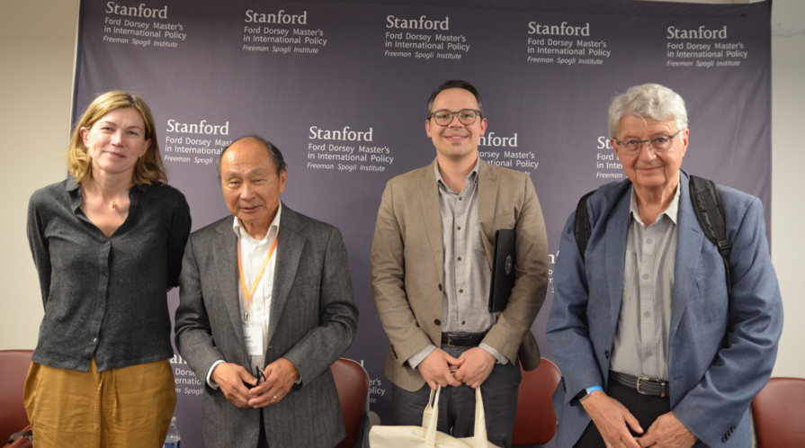 [Left to right]: Anna Grzymała-Busse, Francis Fukuyama, Diego Zambrano, and Bruce Cain