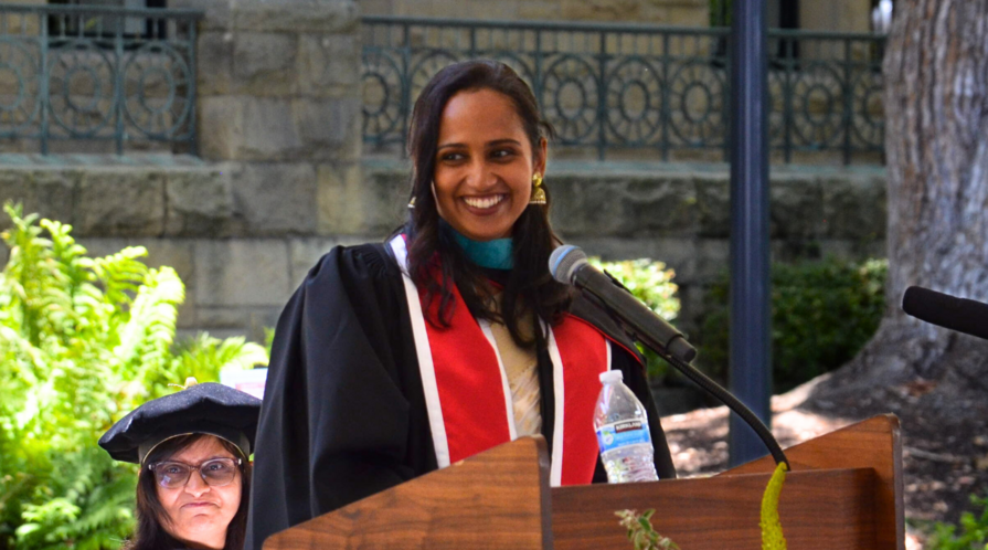 Sakeena Razick delivers the student remarks at the graduation ceremony for the Class of 2025 from the Ford Dorsey Master's in International Policy