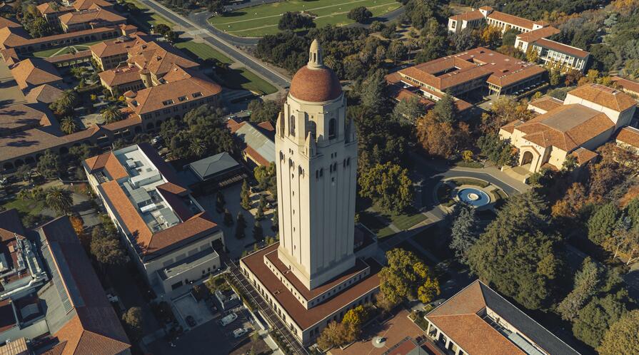 aerial view of university campus with a tower in the middle