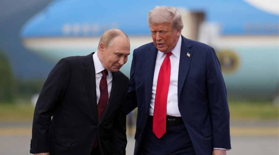 Vladimir Putin and Donald Trump in conversation on the tarmac of the Joint Base Elmendorf-Richardson on August 15, 2025 in Anchorage, Alaska.