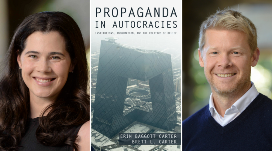 Erin Baggot Carter, book cover of "Propaganda in Autocracies," and Brett Carter