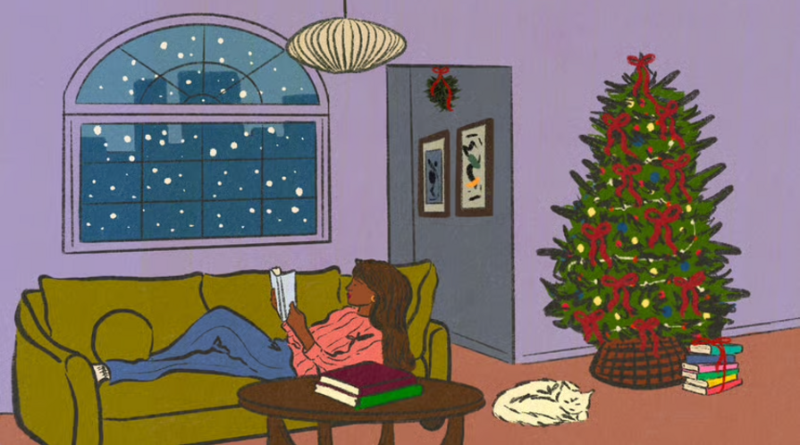 Illustration of a woman reading on a couch with a Christmas tree behind her.