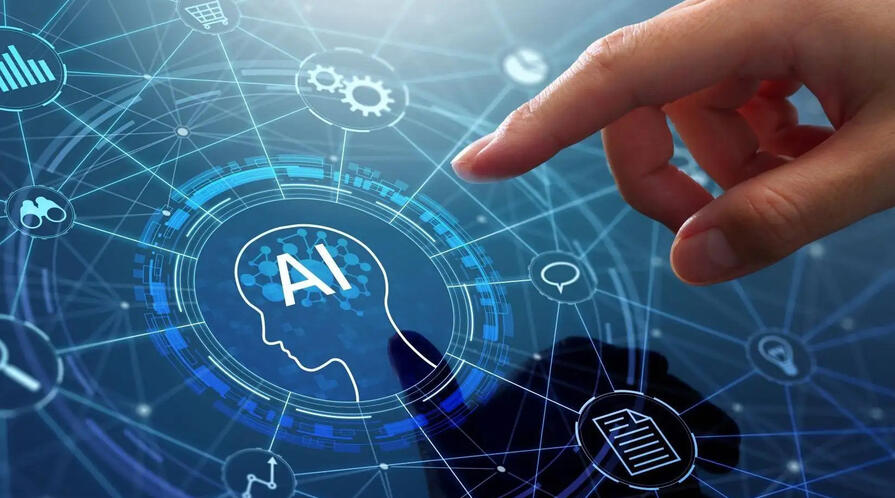 Human finger touching a screen with AI agent