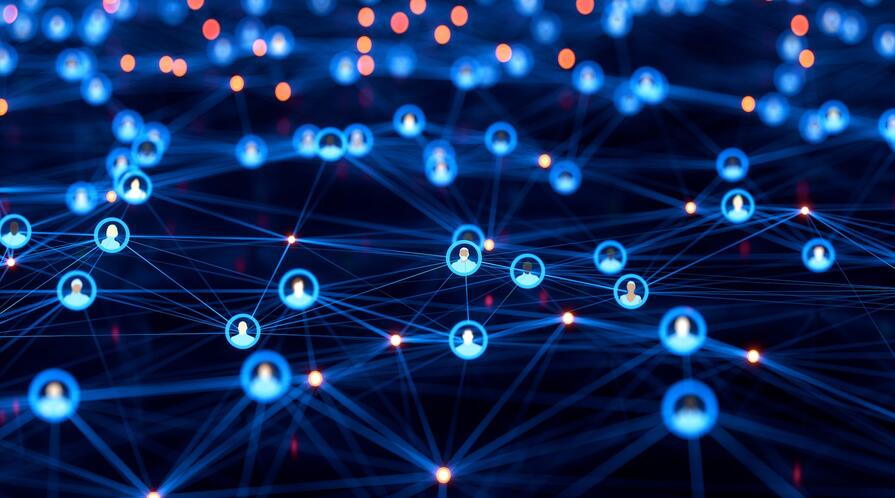 Illustration conveying the concept of social network connections, with connected avatars of anonymous people.