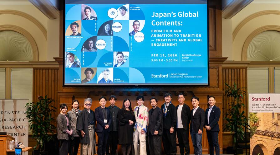 Participants gather for a group photo at the Japan’s Global Content Industries: Innovations and Reinventions in Film, Animation, and Traditional Culture conference. 