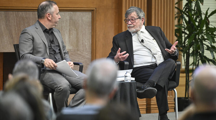 Judea Pearl (R) in conversation with Amichai Magen (L) at the 2026 Daniel Pearl Memorial Lecture.