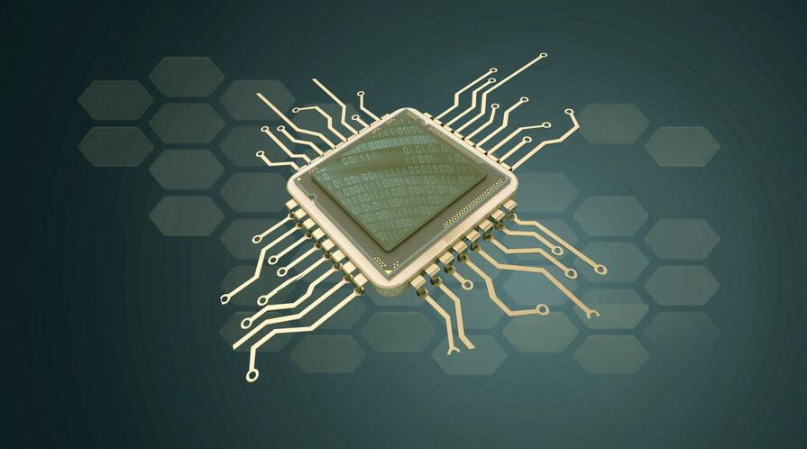 Illustration of a semiconductor chip layered over an abstract shape representing the geography of Taiwan using an arrangement of pentagons.