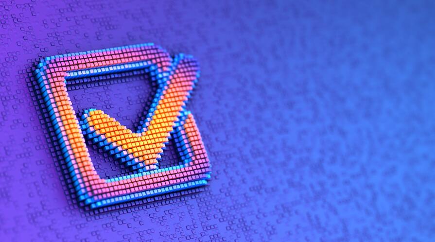 A 3D illustration of a checkmark sign on a futuristic, blue pixelated background.