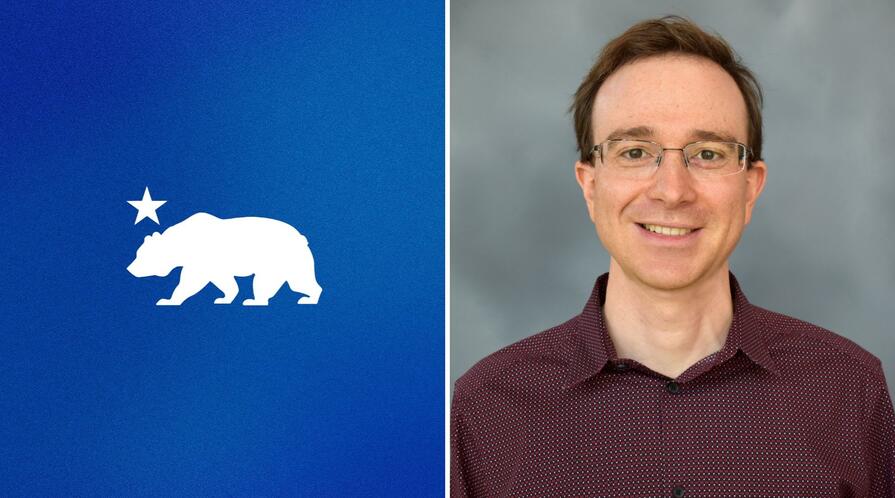 Side-by-side images of a stylized image of the California state flag featuring a white bear walking on a blue gradient background, with a single white star above the bear, and Valentin Bolotnyy