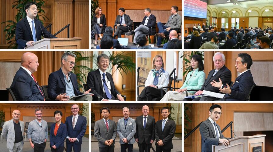 A collage of 8 photos of speakers and panels from the Stanford Japan Conferece, “Frontiers of Defense Tech in the Shifting U.S. Alliances with Japan and Beyond: AI, Cyber, and Space."