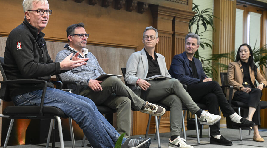 Colin Kahl, Director of the Freeman Spogli Institute for International Studies, on stage with panelists at the May 5 event, "World Changing Technology in 2026"
