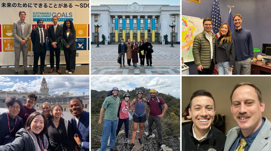 A collage of six photos showing students from the 2026 Class of the Ford Dorsey Master's in International Policy doing fieldwork around the world for their capstone projects.