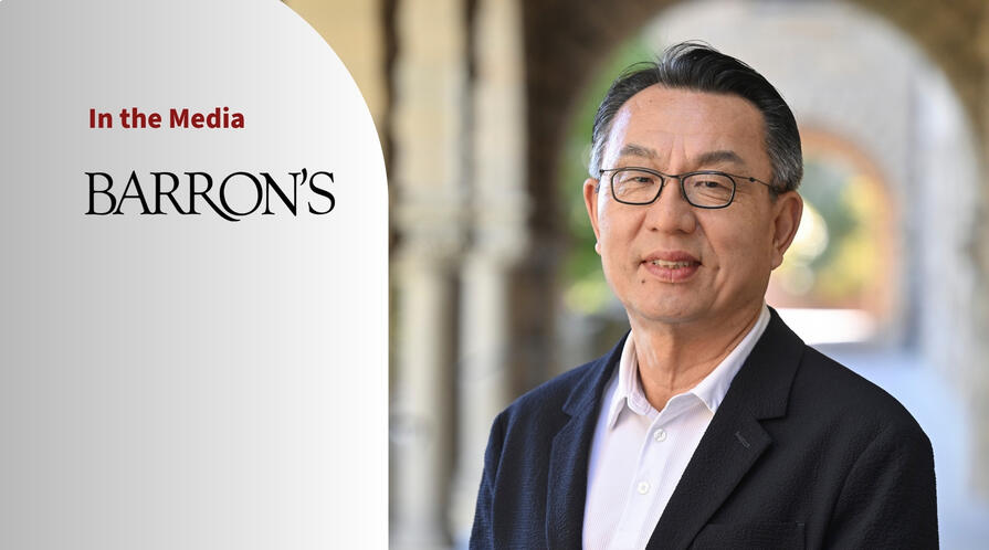 Portrait photo of Gi-Wook Shin and a logo of the magazine Barron's with text "In the Media."