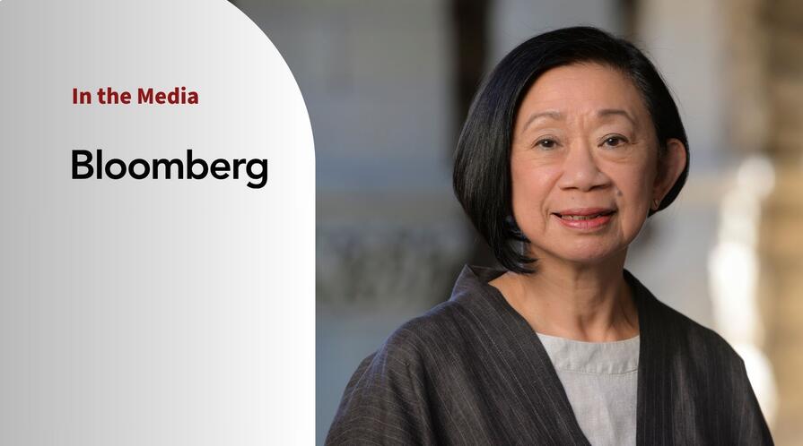 Portrait of Jean Oi and a logo of Bloomberg. Text: "In the Media."