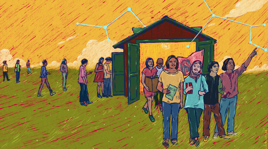 Illustration of diverse young activists emerging from a garage carrying books and a raised-fist flag, with a network of connected stars overhead, symbolizing the Democracy Garage.