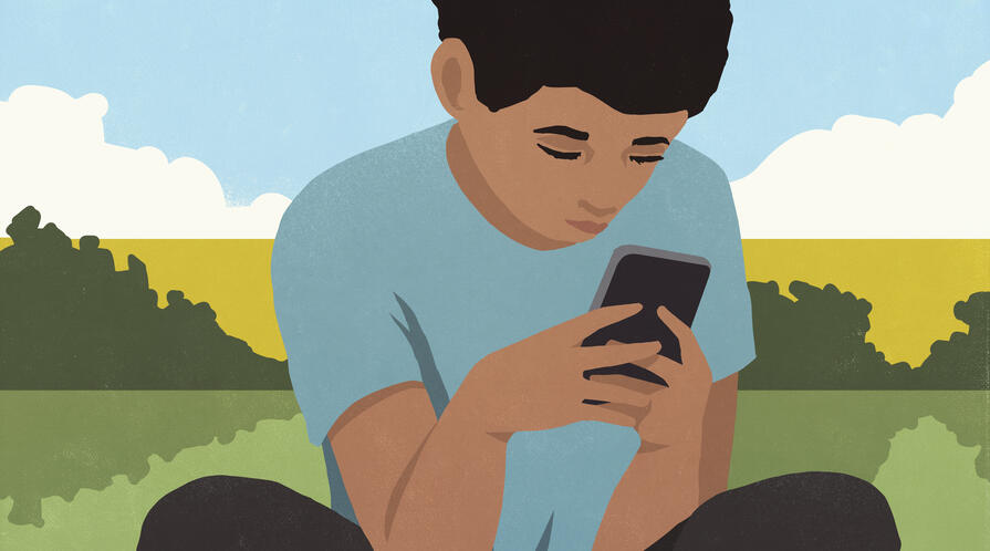 drawing of a child sitting outside looking at a phone