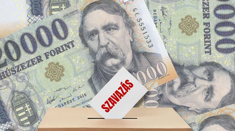 Hungarian forint with ballot box in foreground