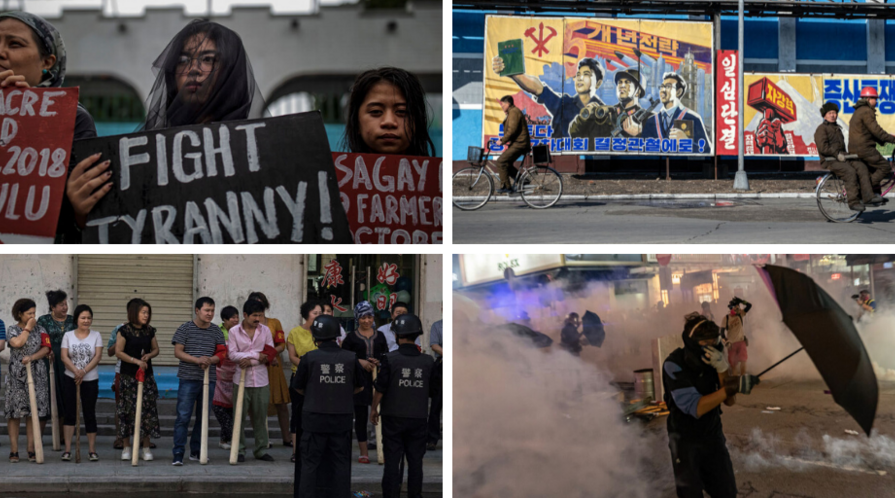 Relatives of alleged extrajudicial killings protest against the drug war in Manila; workers pass propaganda posters in North Korea; pro-democracy protesters in Hong Kong; ethnic Uyghur and Han shopkeepers are trained in security measures next to Kashgar.