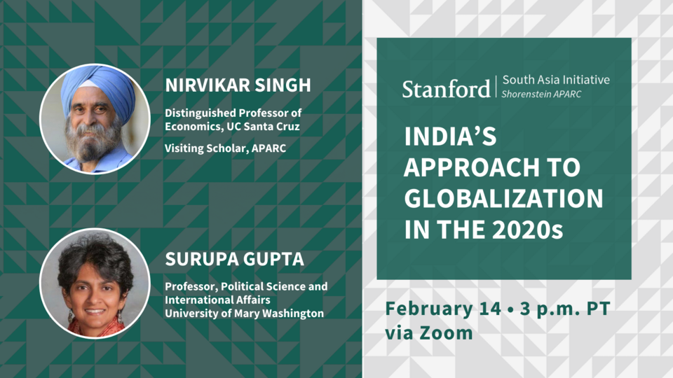 Event card with title "India's Approach to Globalization in the 2020s" featuring photos of spealers Nirvikar Singh and Surupa Gupta