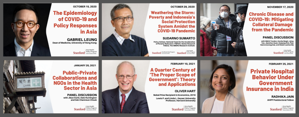 Thumbnail images for the webinar events in the AHPP's 2020-21 colloquium series, "Health, Medicine, and Longevity: Exploring Public and Private Roles."