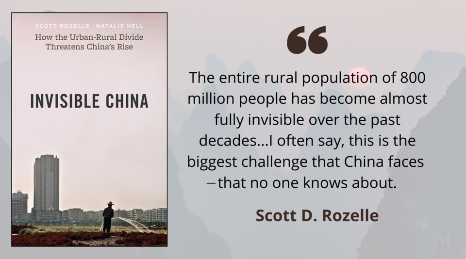 Book cover for "Invisible China: How the Urban-Rural Divide Threatens China's Rise" and a quote from Scott Rozelle, "The entire population of 800 million people has become almost fully invisible over the past decades..."