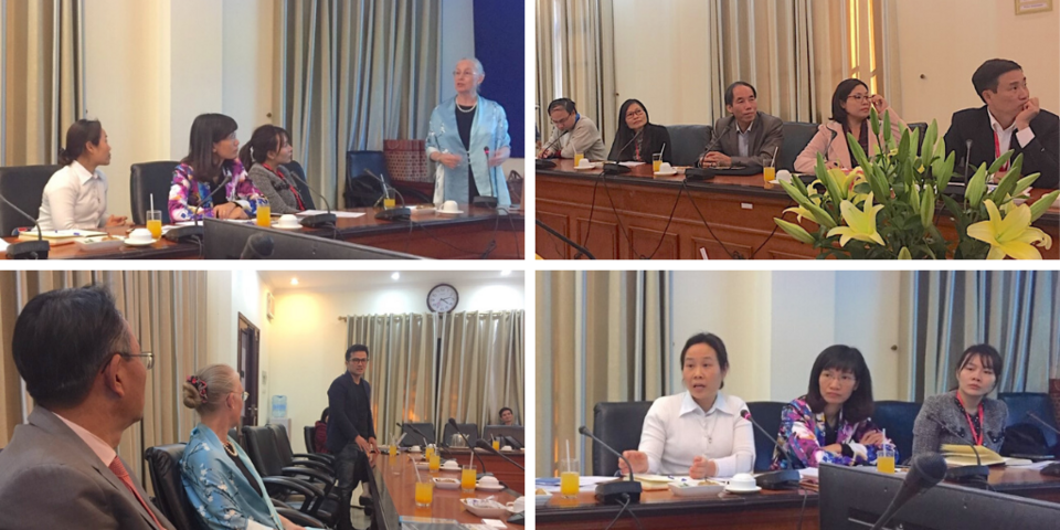 Collage of four images showing participants at a roundtable held at Hanoi Medical University with APARC delegation members