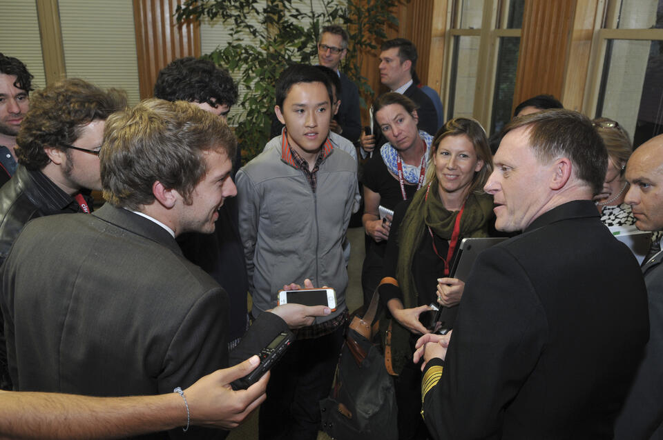 NSA Director Rogers talks to reporters after the event. Photo by Rod Searcey