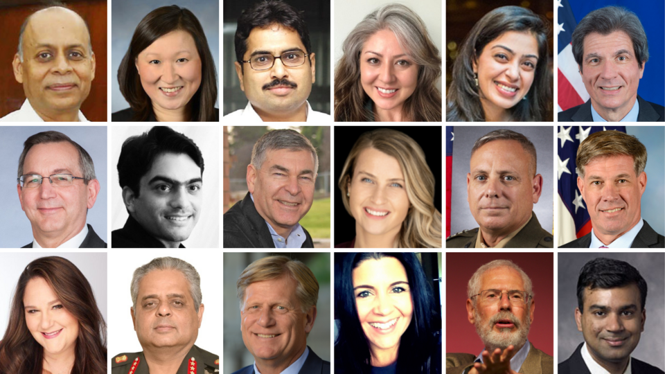 A photo collage of headshot portraits of 18 guest speakers participating at the Shorenstein APARC South Asia Initiative Conference "A New Agenda for Indian Competitiveness"